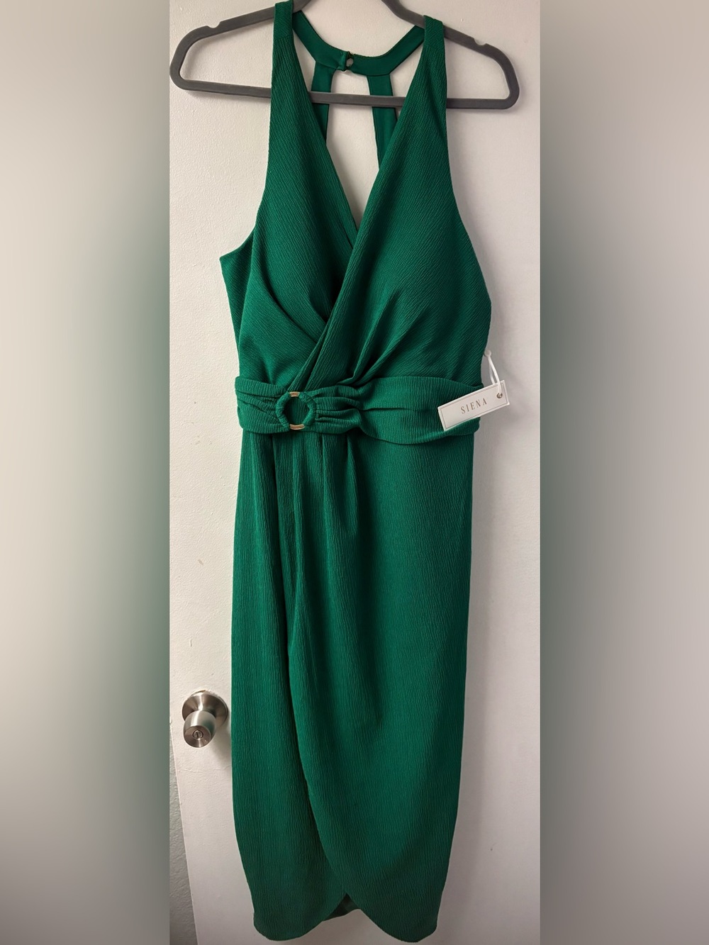 Siena Studio Emerald Green Faux-Wrap Midi Dress with Waist Ring